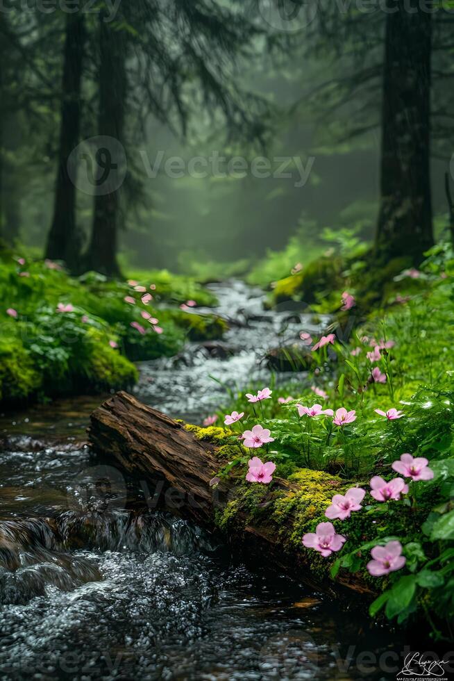 Misty forest stream flowing through lush greenery and pink flowers photo
