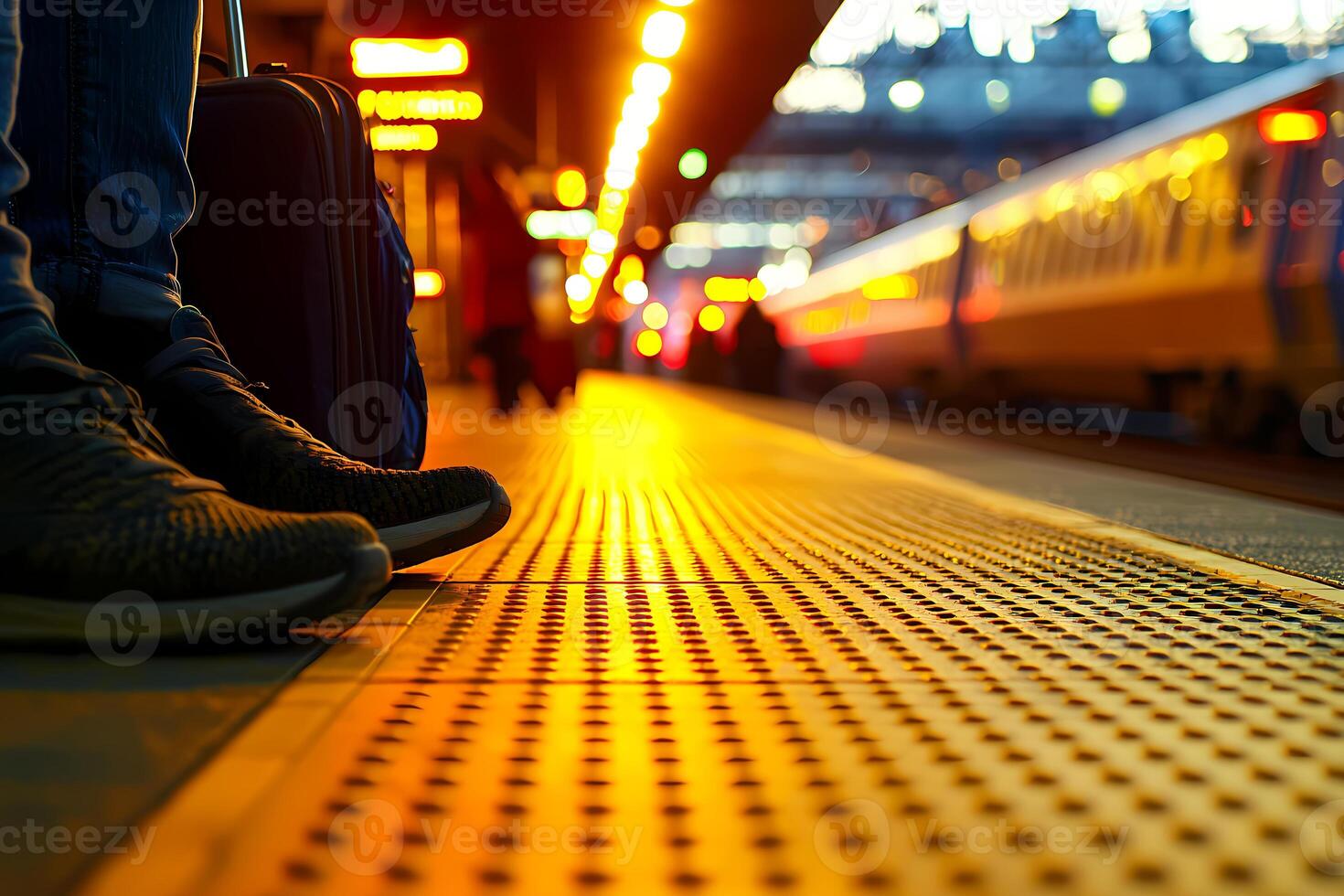 Traveler waiting for train at night on illuminated platform photo