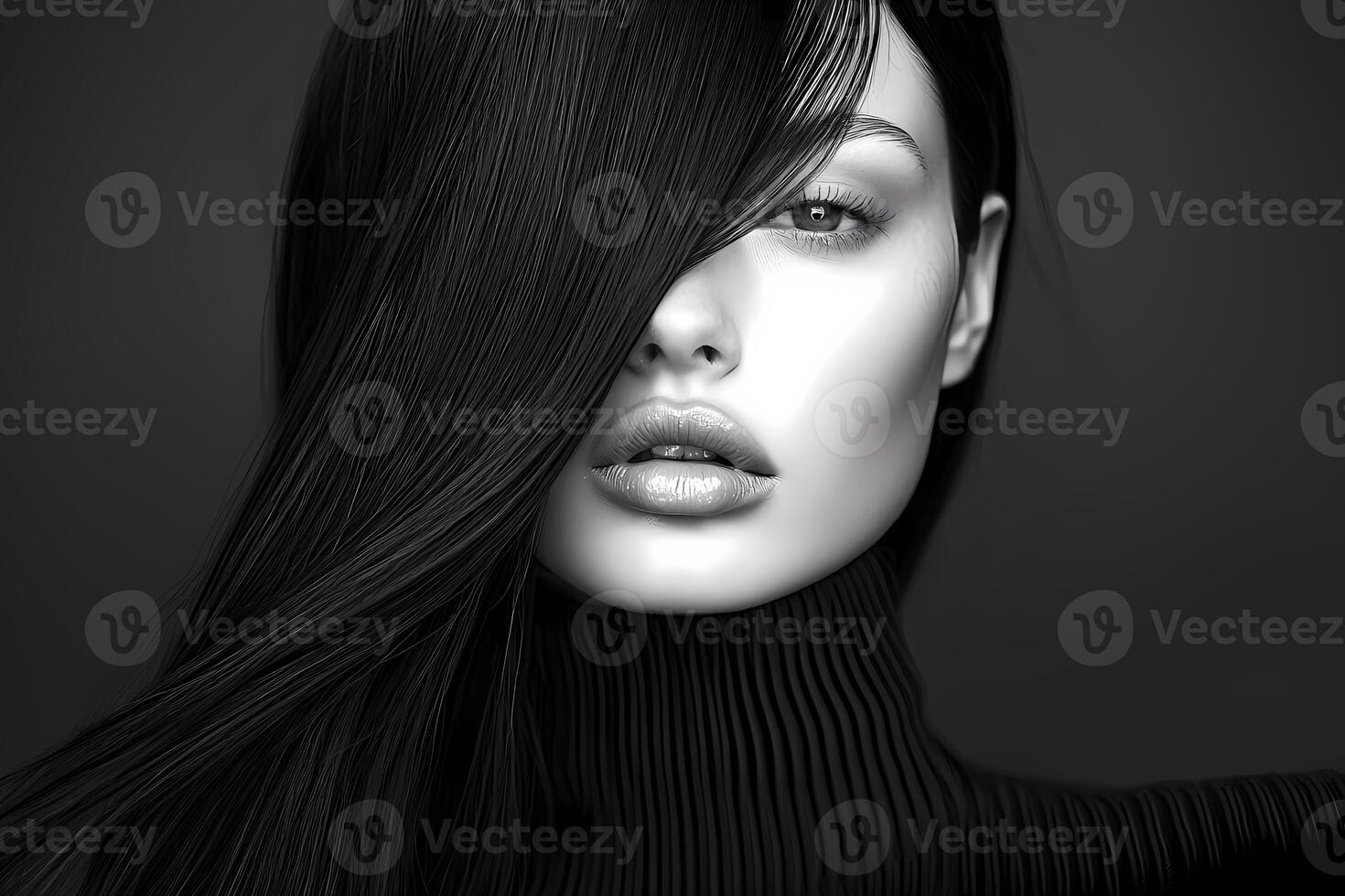 Monochromatic beauty, model with long, flowing hair and turtleneck photo
