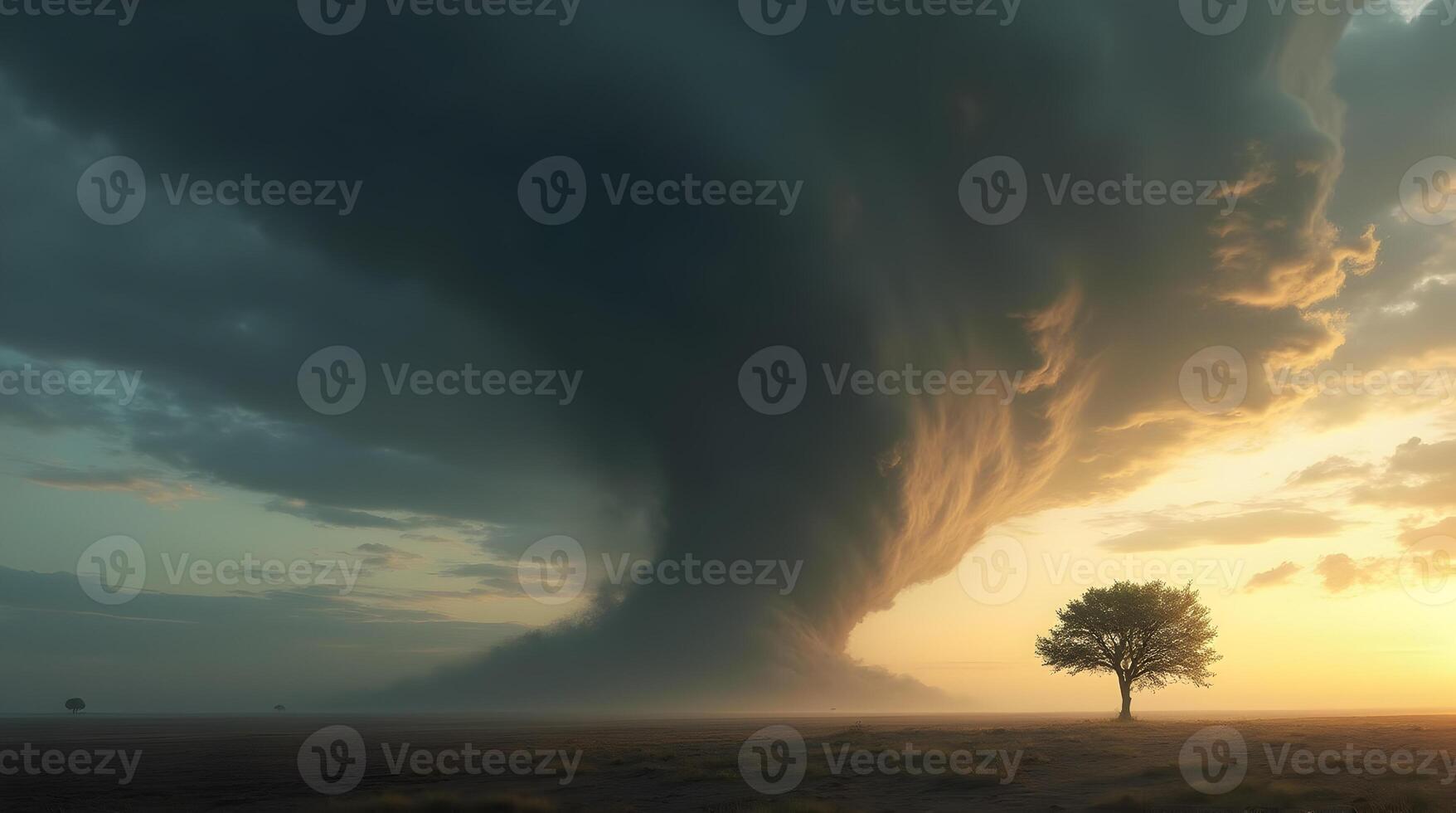 A tree is standing in the middle of a field with a large tornado coming down photo