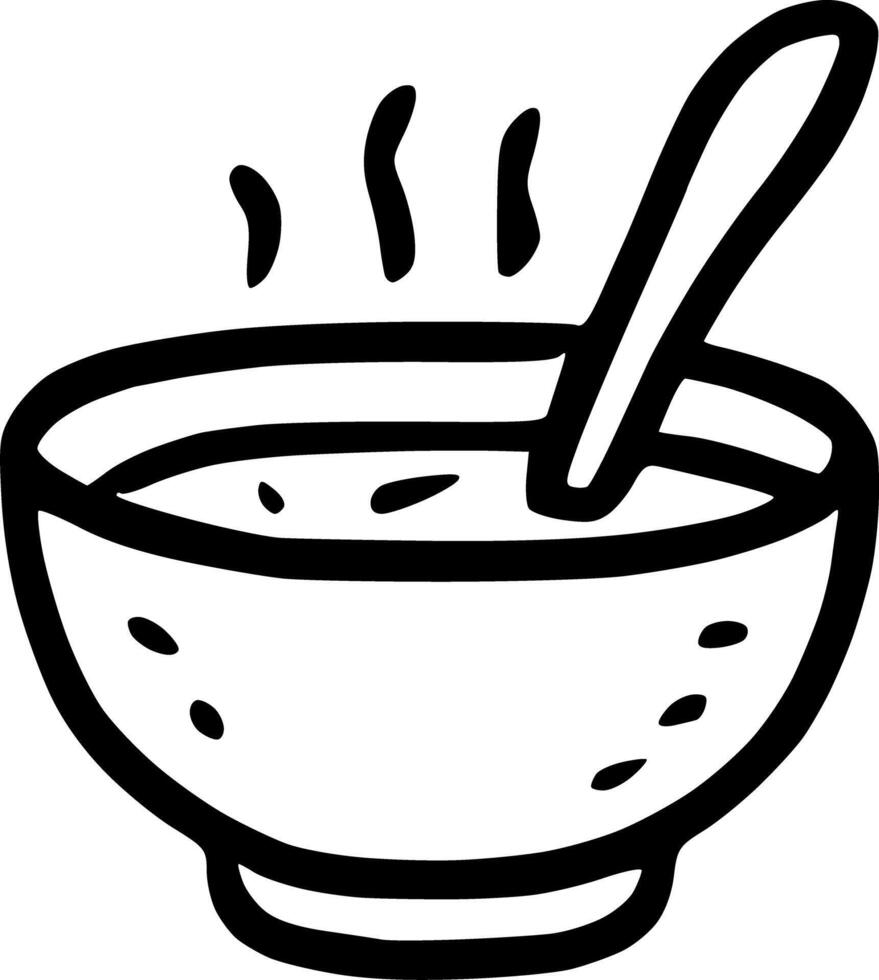A black and white drawing of a bowl with a spoon vector