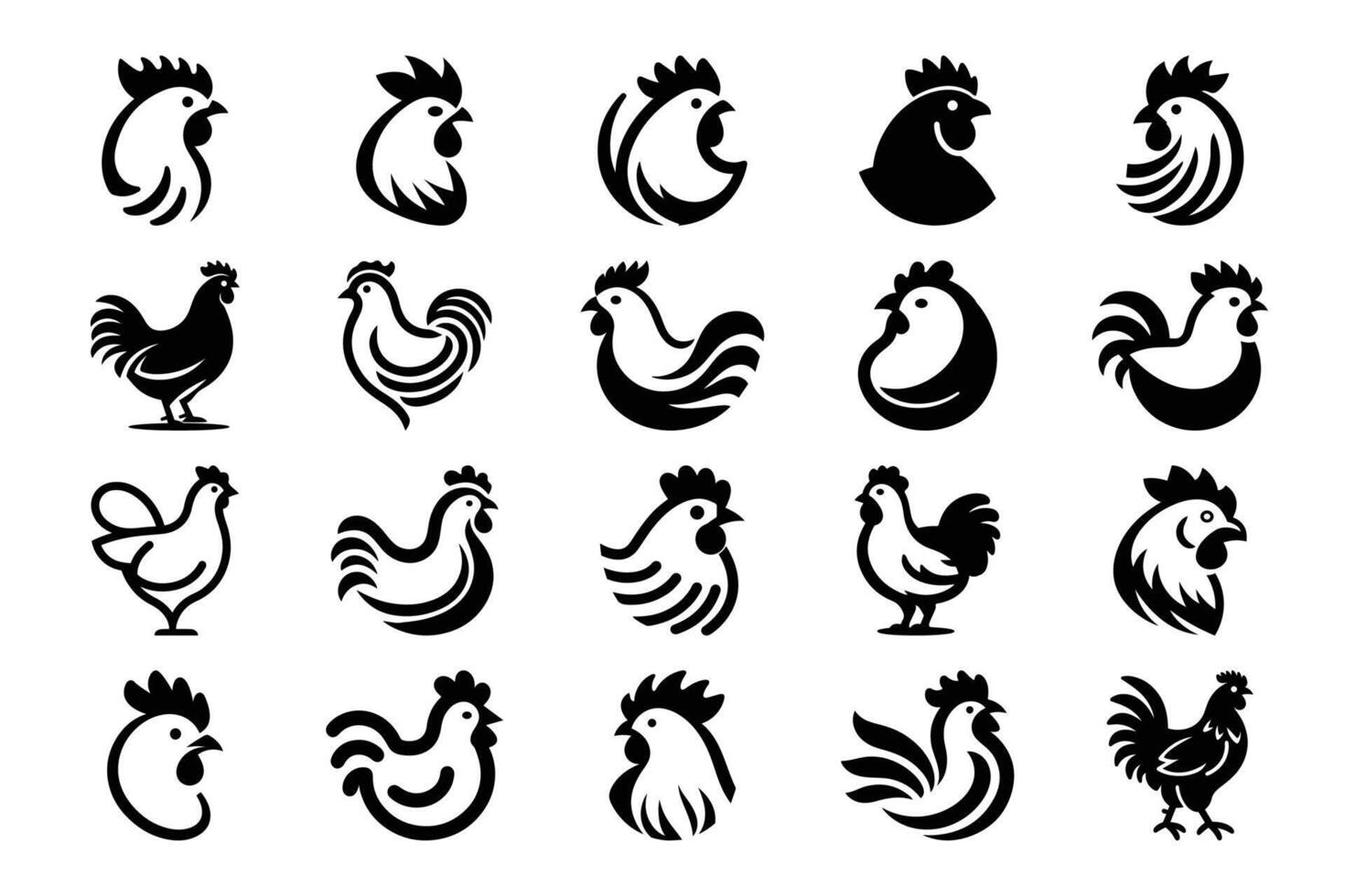 Set of Black Chicken and Rooster Icons, Farm Animal Silhouettes and Logo Designs, Designs for Agriculture and Poultry Branding vector