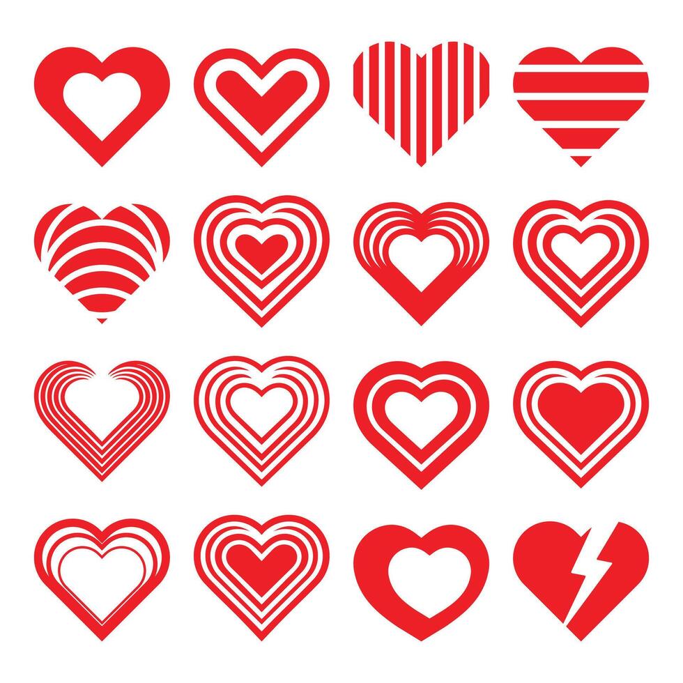 Geometric Heart Shapes Collection. Love, Romance, Emotions, Bold Red Valentine's Day Designs, Stylized Heart Icons Pack, Symbolic Love and Broken Heart Concepts vector