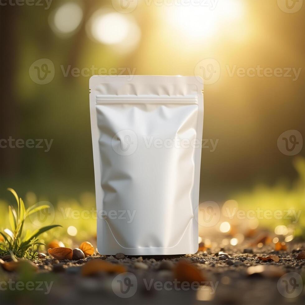 standing pouch mockup in plain white color with nature background. photo