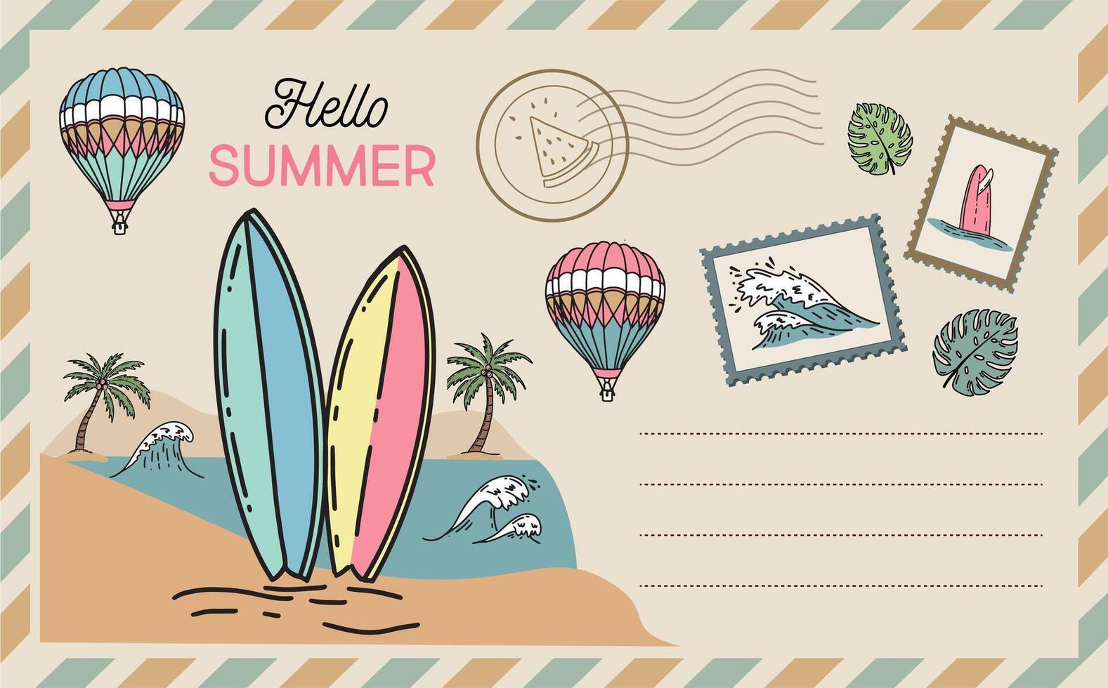 Hello summer, surf, wave, card, Postcard, mail, hand drawn illustrations. vector