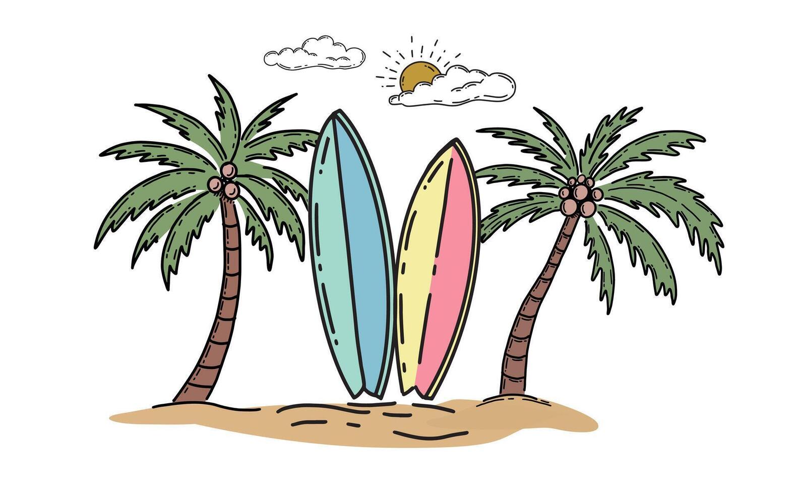 Summer, surf, wave, island, card, Postcard, mail, hand drawn illustrations vector