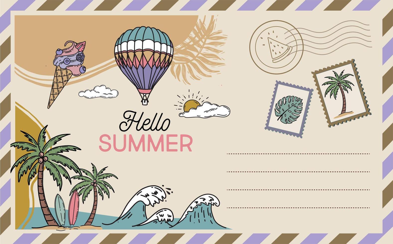 Hello summer, surf, wave, card, Postcard, mail, hand drawn illustrations vector