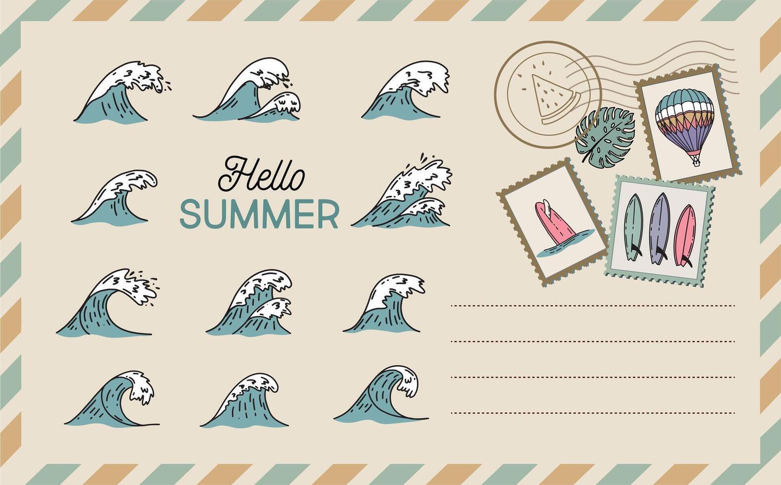 Hello summer, wave, card, Postcard, mail, hand drawn illustrations vector