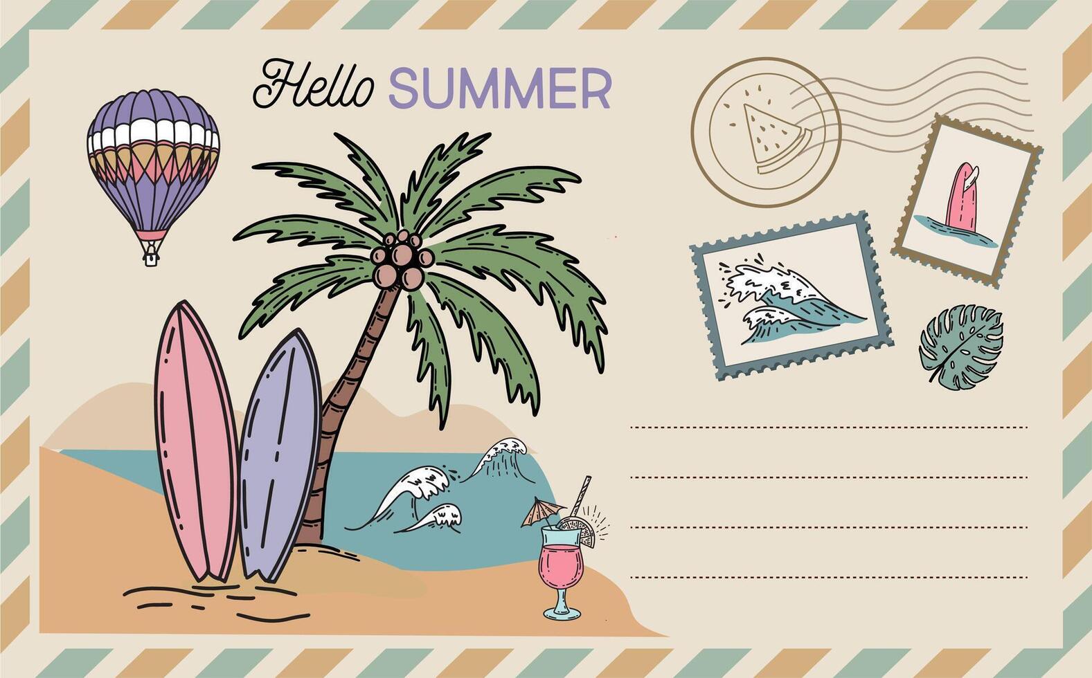 Hello summer, surf, wave, island, card, Postcard, mail, hand drawn illustrations. vector