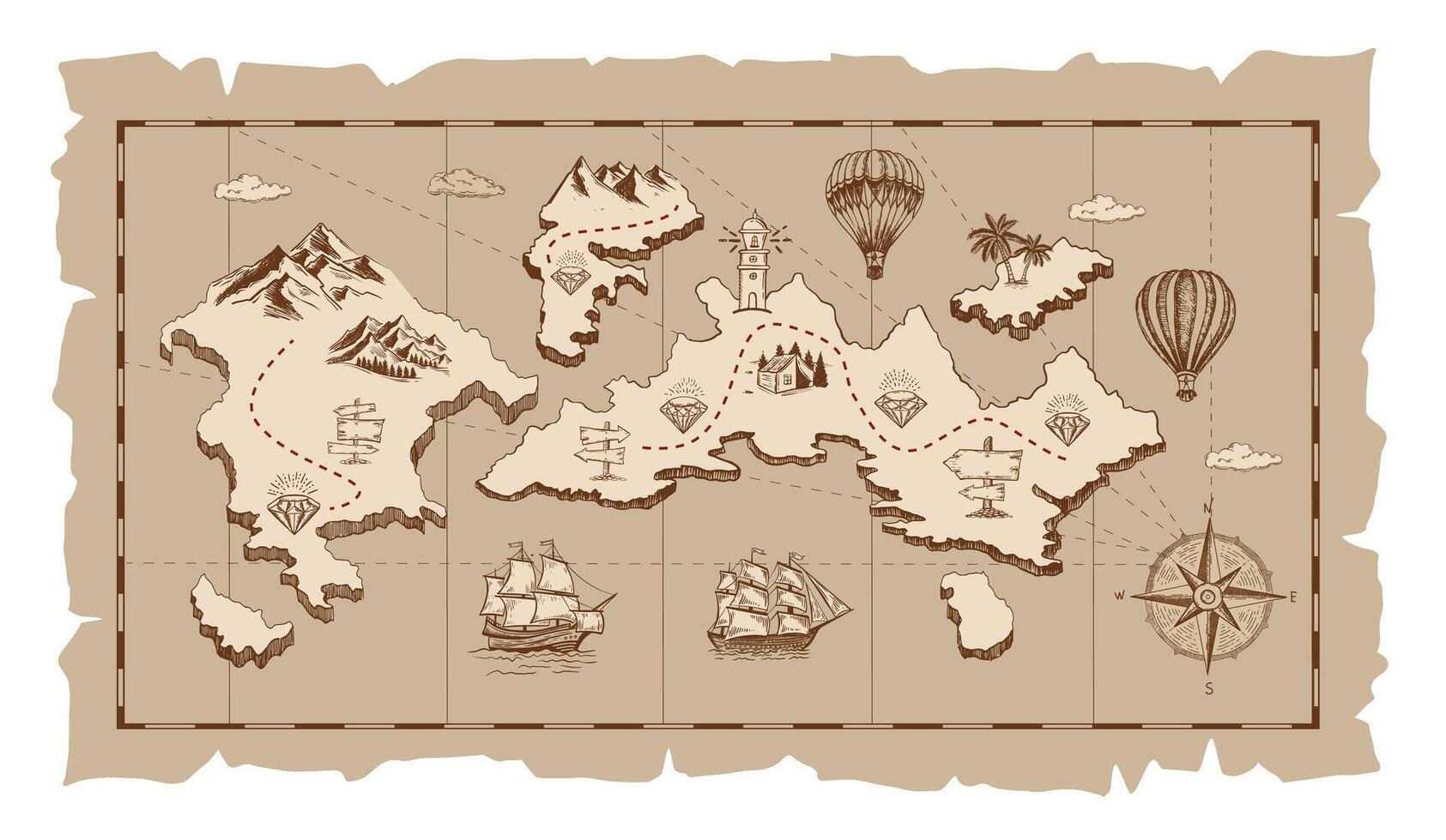 Old pirate map of the worlds, set, hand drawn vector