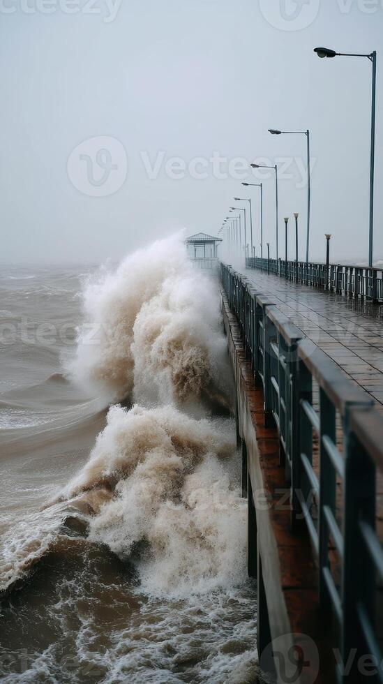 Powerful waves crash against pier during stormy day photo