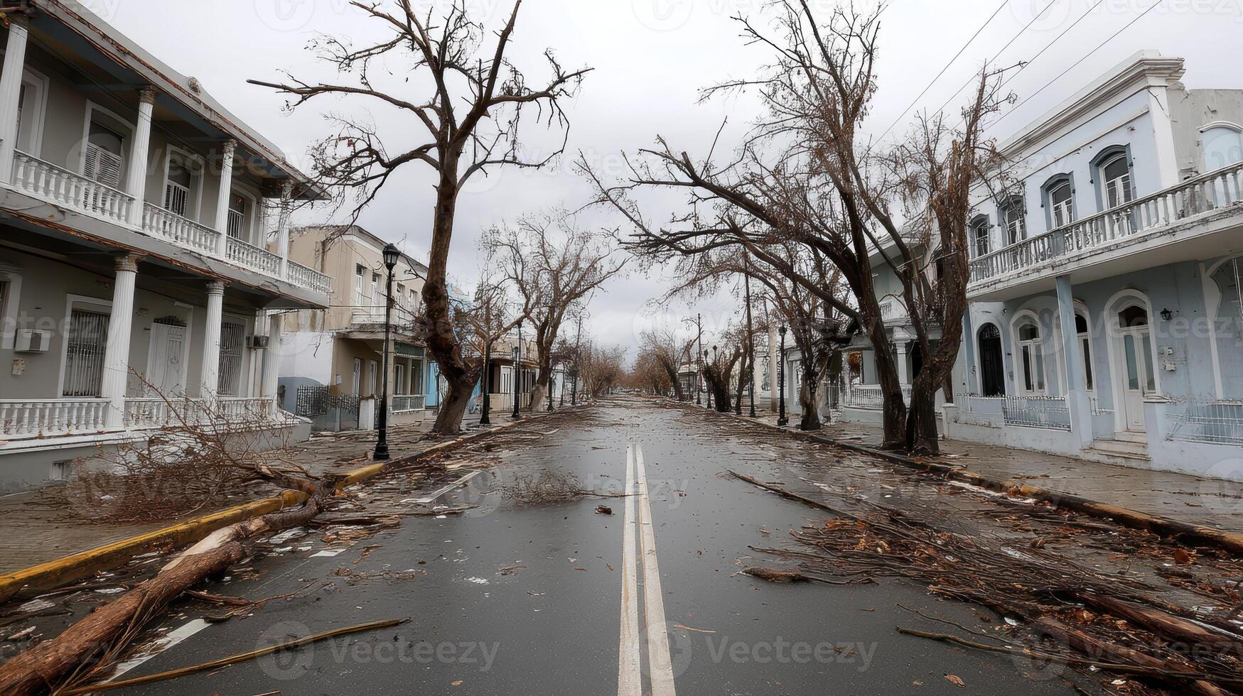 Torn up trees litter streets after hurricane, creating desolate scene photo