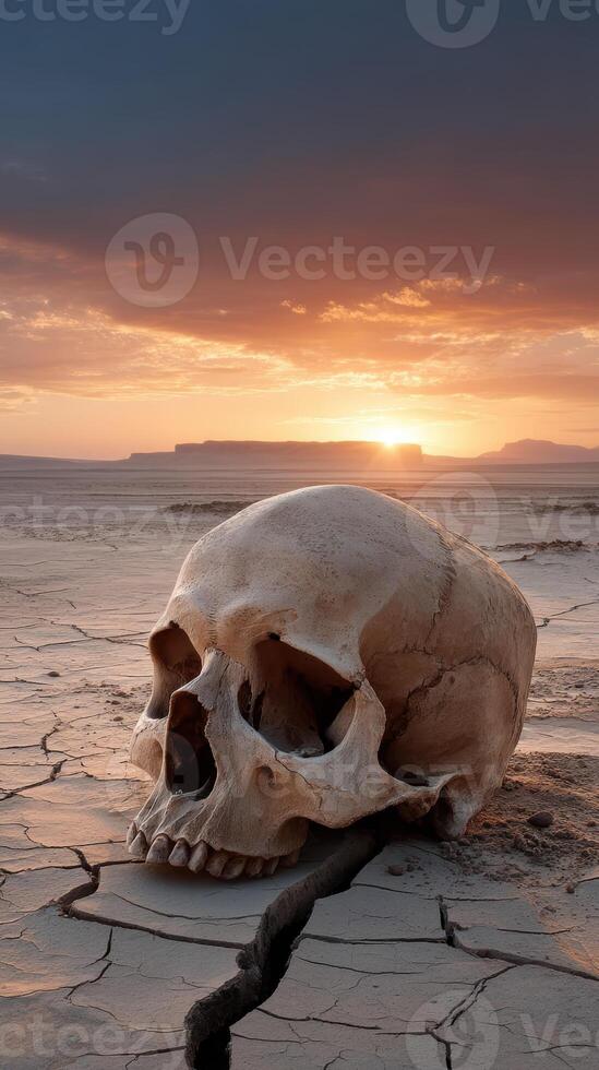 human skull shaped desert landscape at sunset creates eerie atmosphere photo