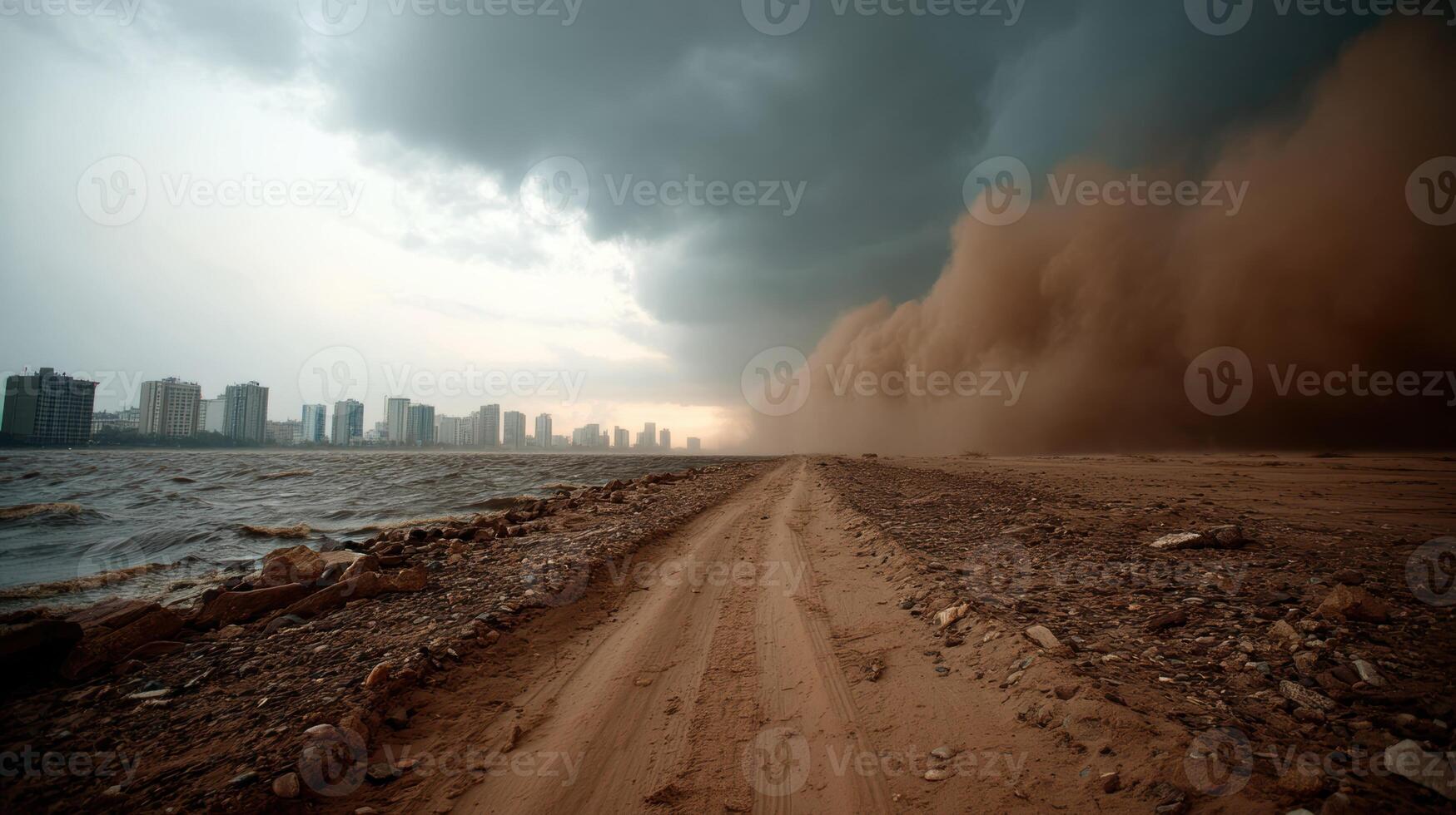 massive sandstorm approaches city skyline, creating dramatic scene photo