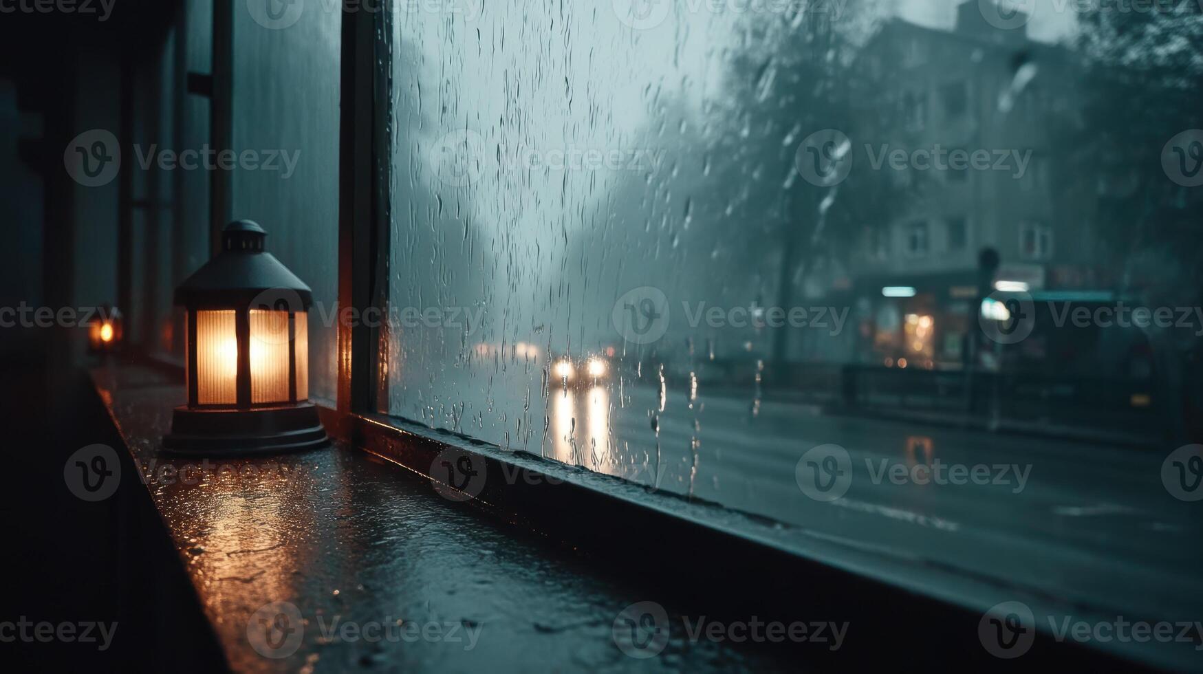 Rainy street view through window with glowing lantern photo