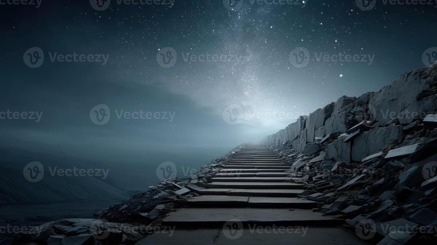stairway made of books leads to stars under starry night sky photo