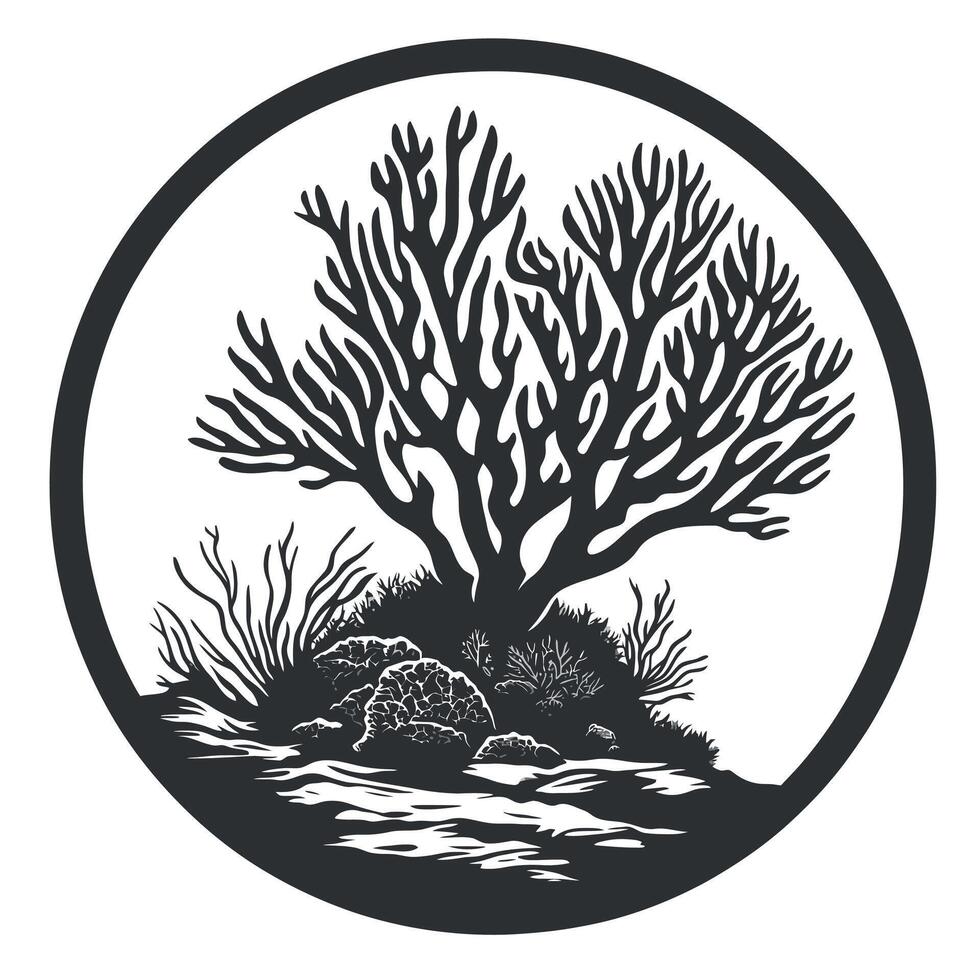 Black and white drawing of a tree with a bush in the background vector