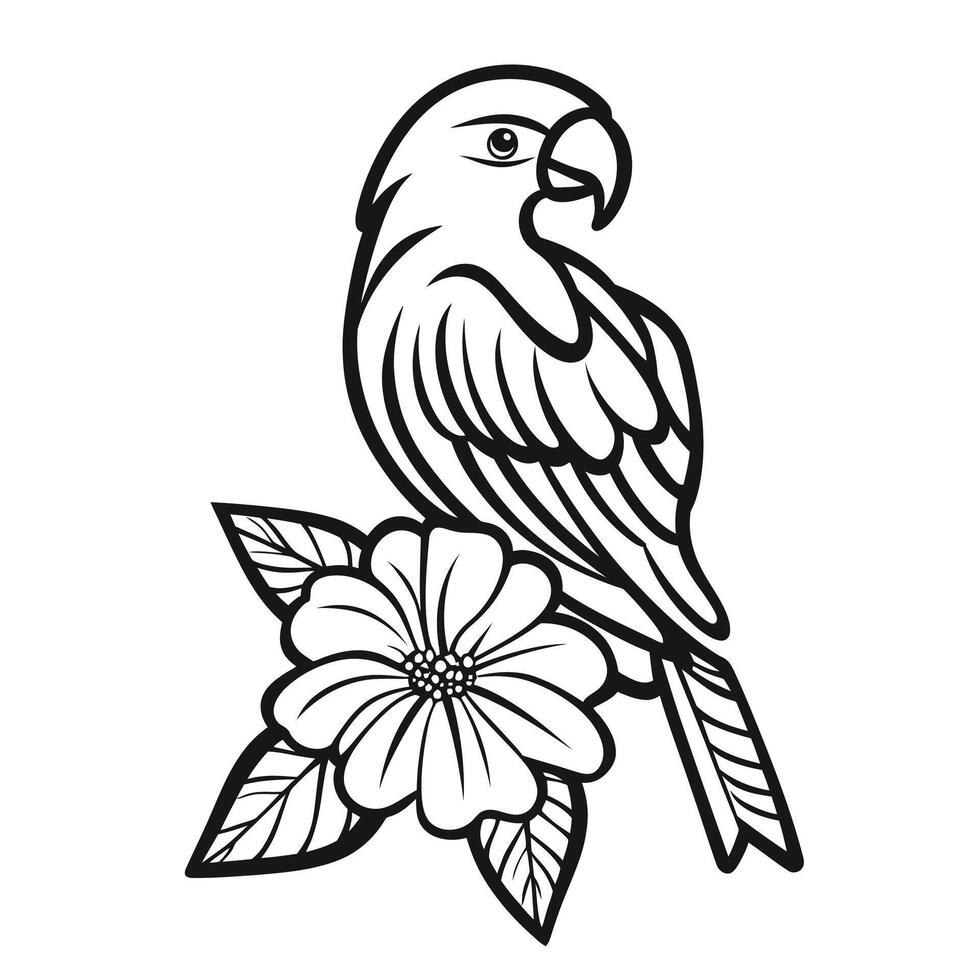 Black and white drawing of a bird sitting on a flower vector