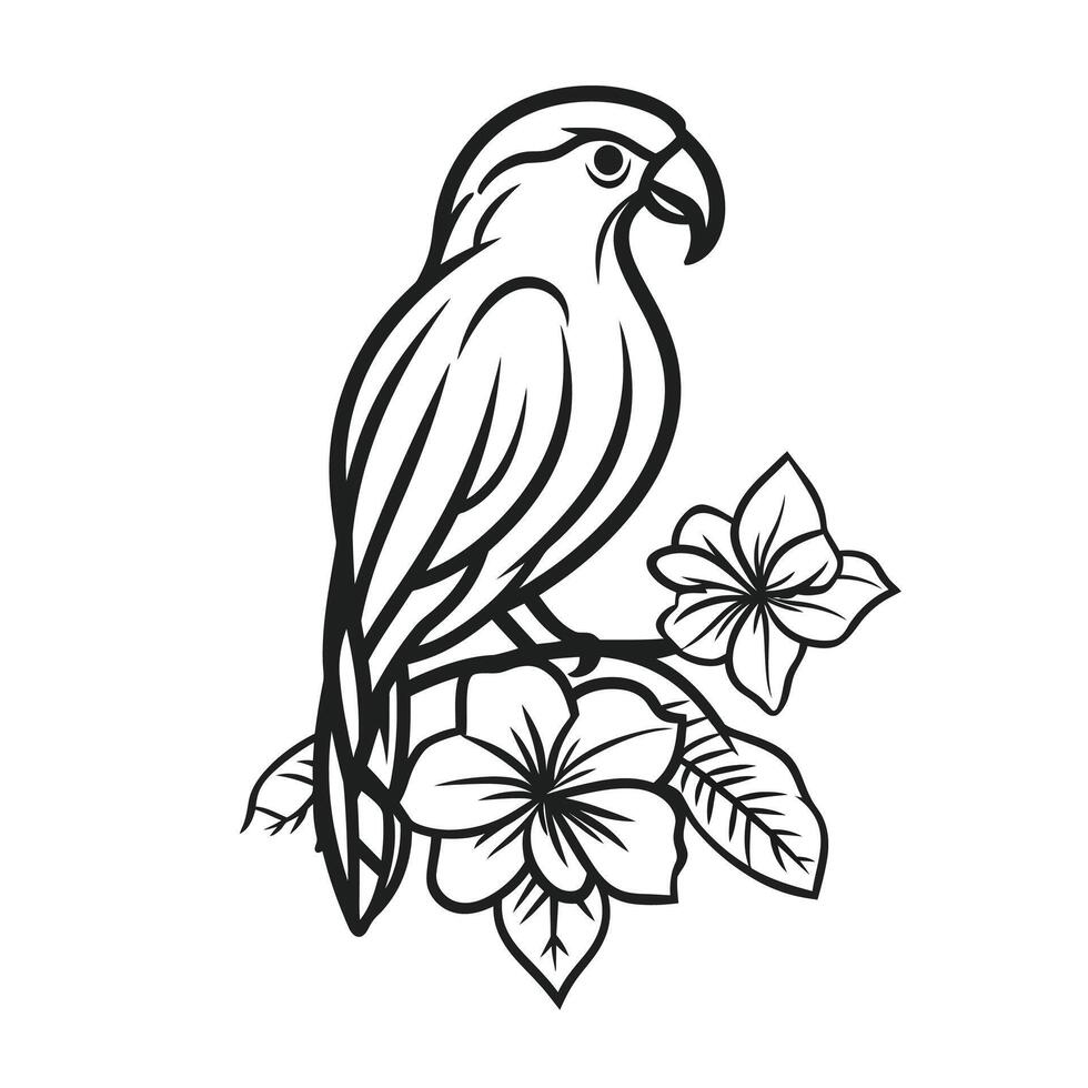 Black and white drawing of a parrot sitting on a branch with flowers vector