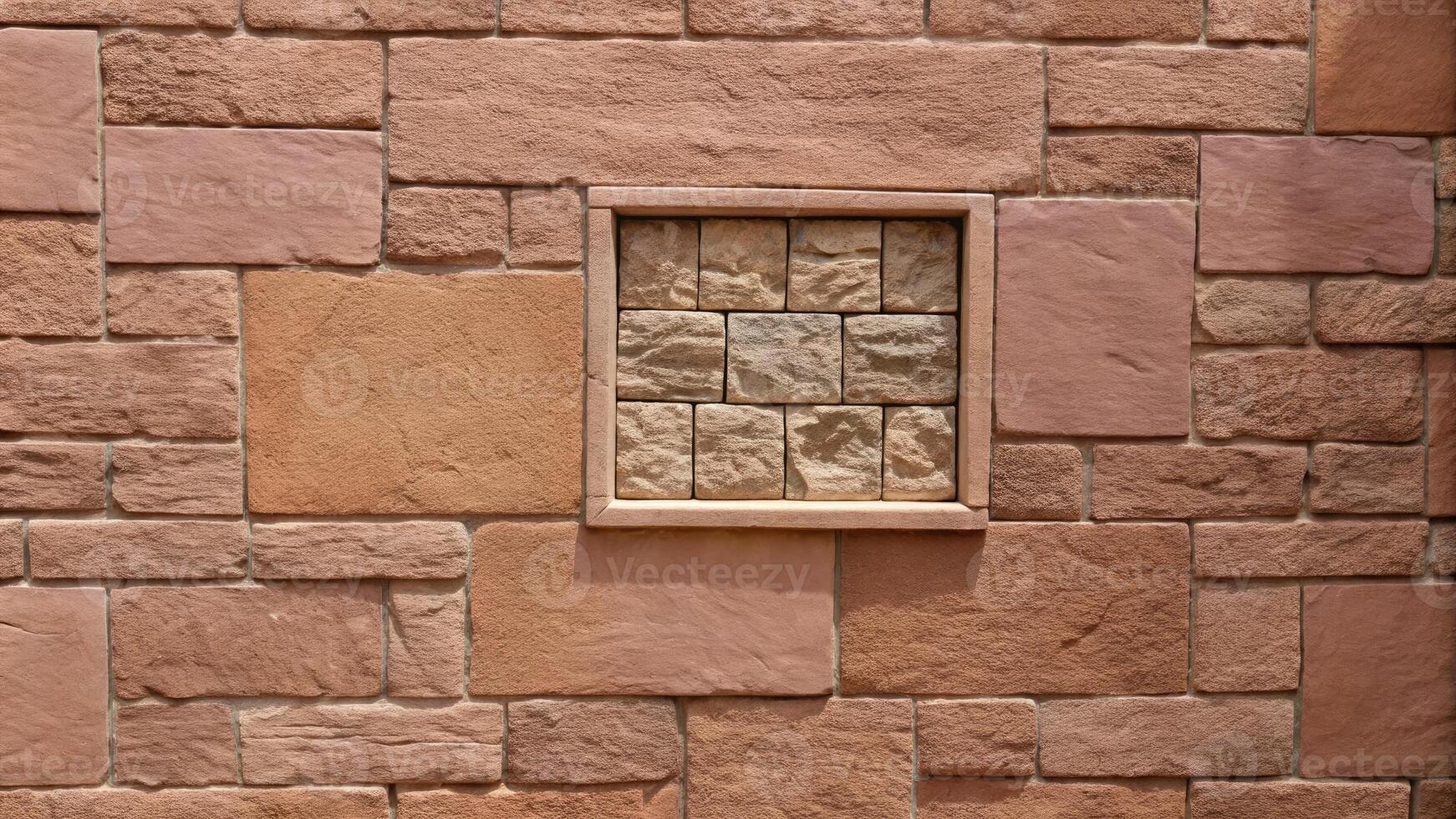 Textured stone wall with a small decorative relief. photo