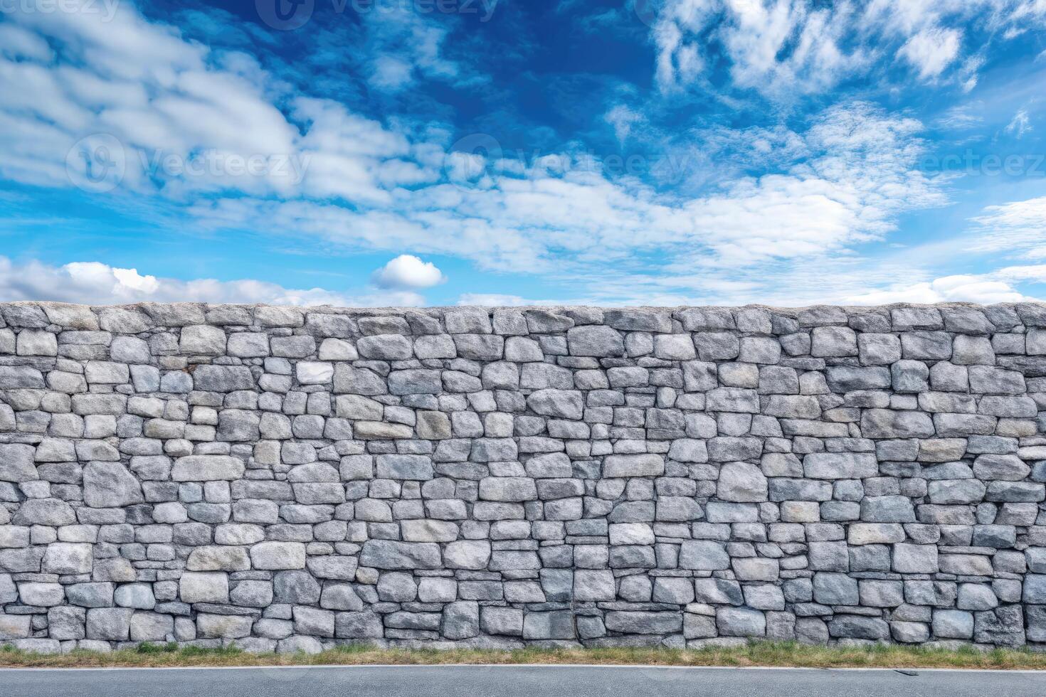 Sturdy stone wall against a bright blue sky. photo
