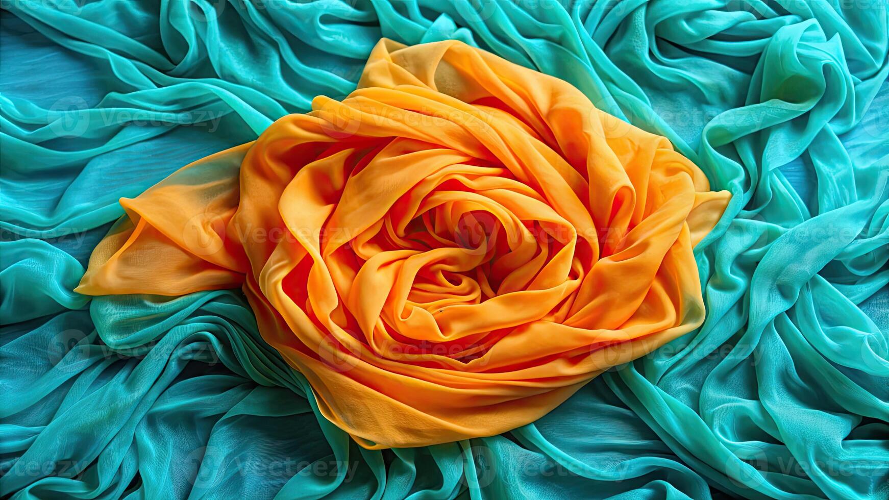 A bright orange rose sits on a beautifully arranged turquoise cloth. photo