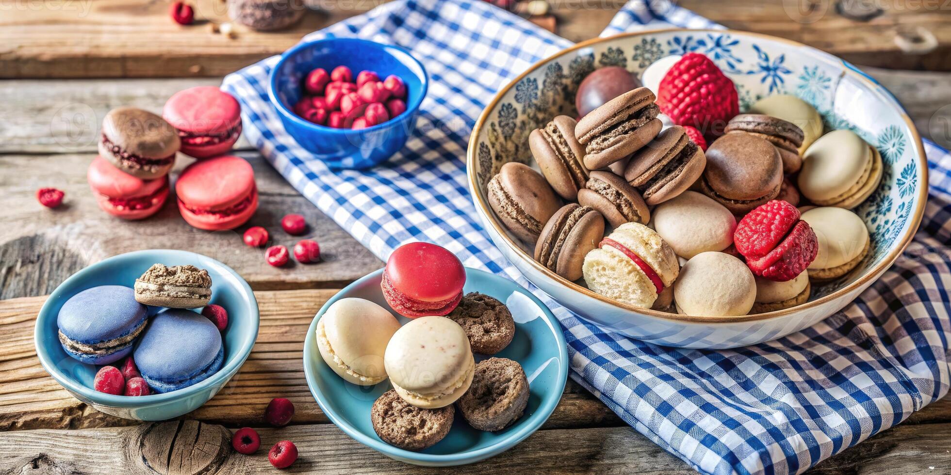 A delightful assortment of macarons on a checkered cloth. photo