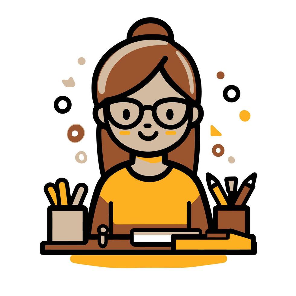 Woman is sitting at a desk with a pencil and a pen vector
