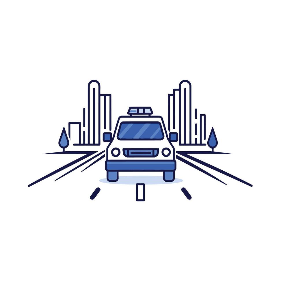 A car driving down the road with a city skyline in the background vector