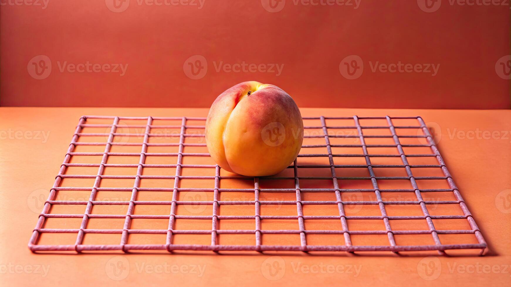A ripe peach rests atop a coral grid surface. photo