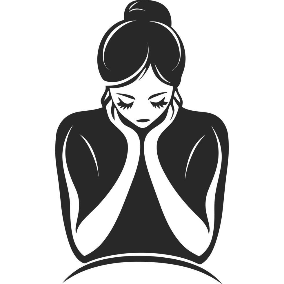 Woman is sitting on a bed with her head on her hand vector