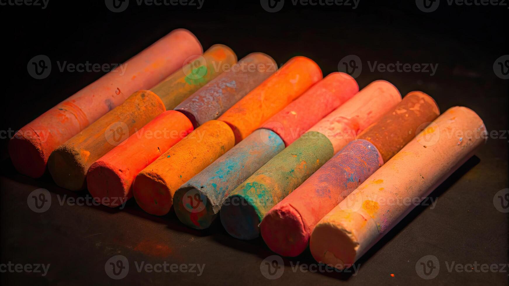 Colorful chalks arranged in a neat line on a dark surface. photo