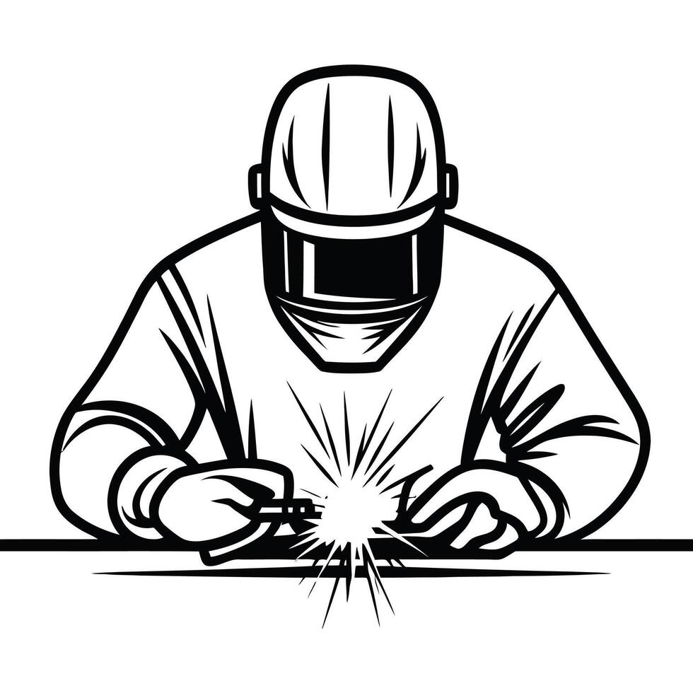 Man in a black and white drawing is wearing a hard hat and a safety helmet vector