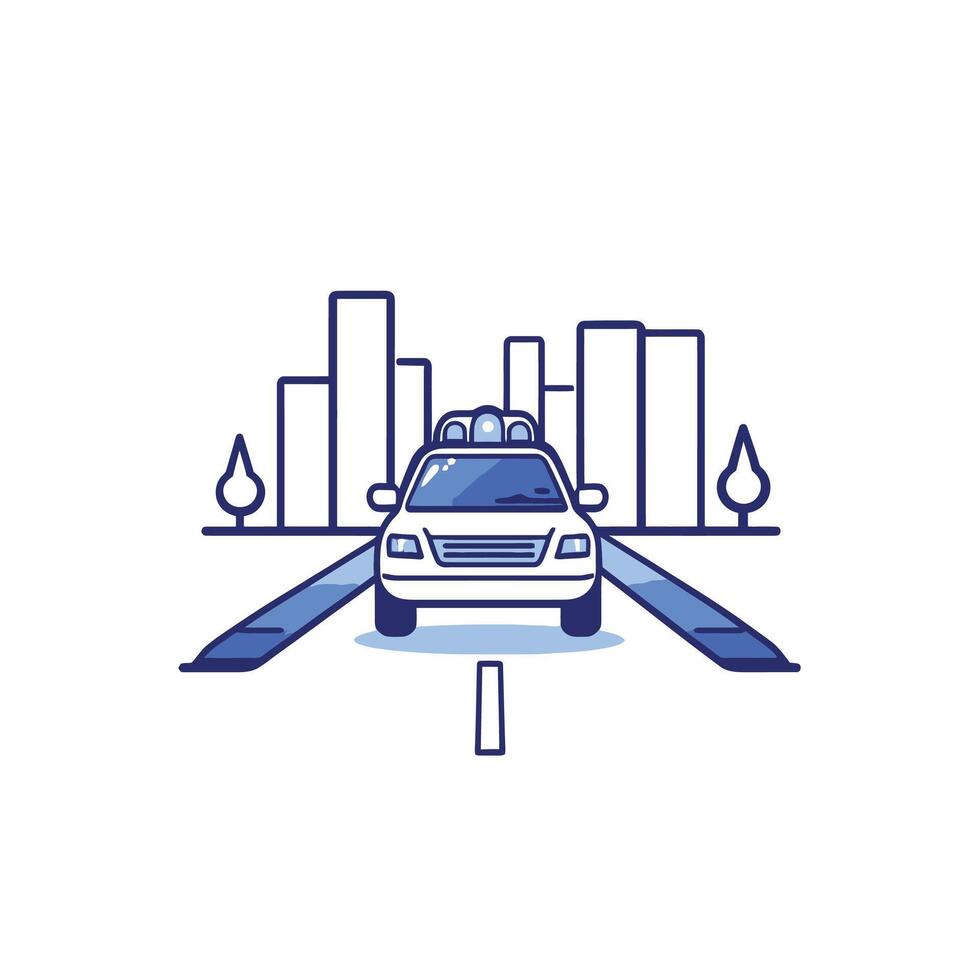 Car is driving down a road with a city in the background vector