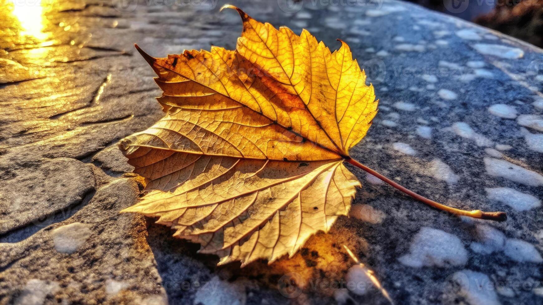 Golden autumn leaves on a textured stone surface. photo