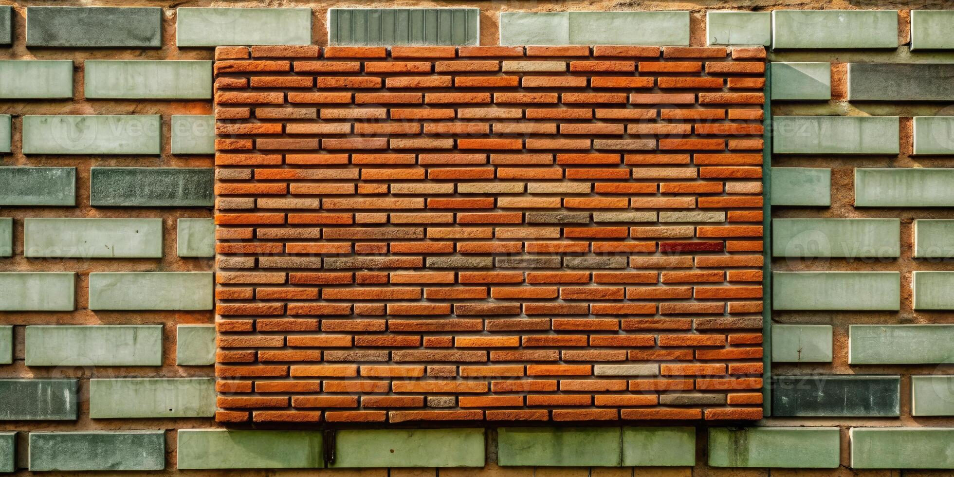Neatly stacked red bricks forming a geometric wall pattern. photo