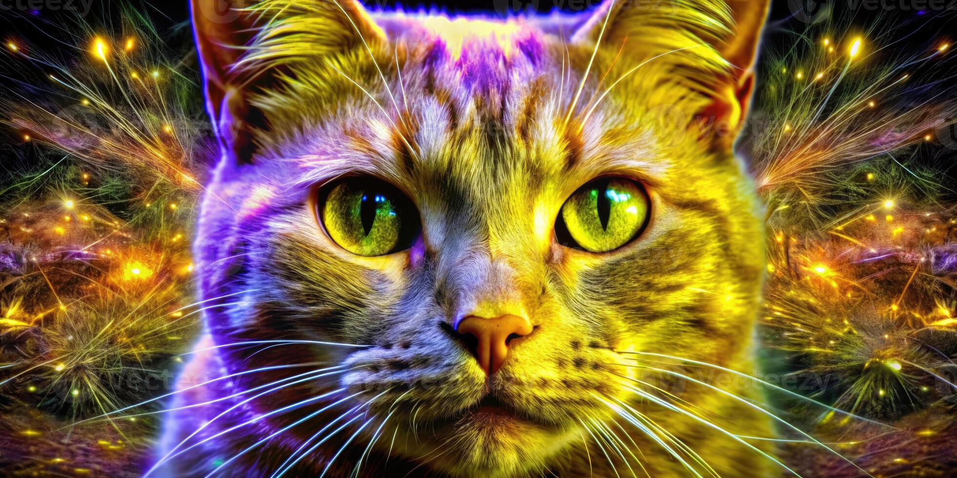 Vibrant and colorful cat portrait with an artistic glow. photo