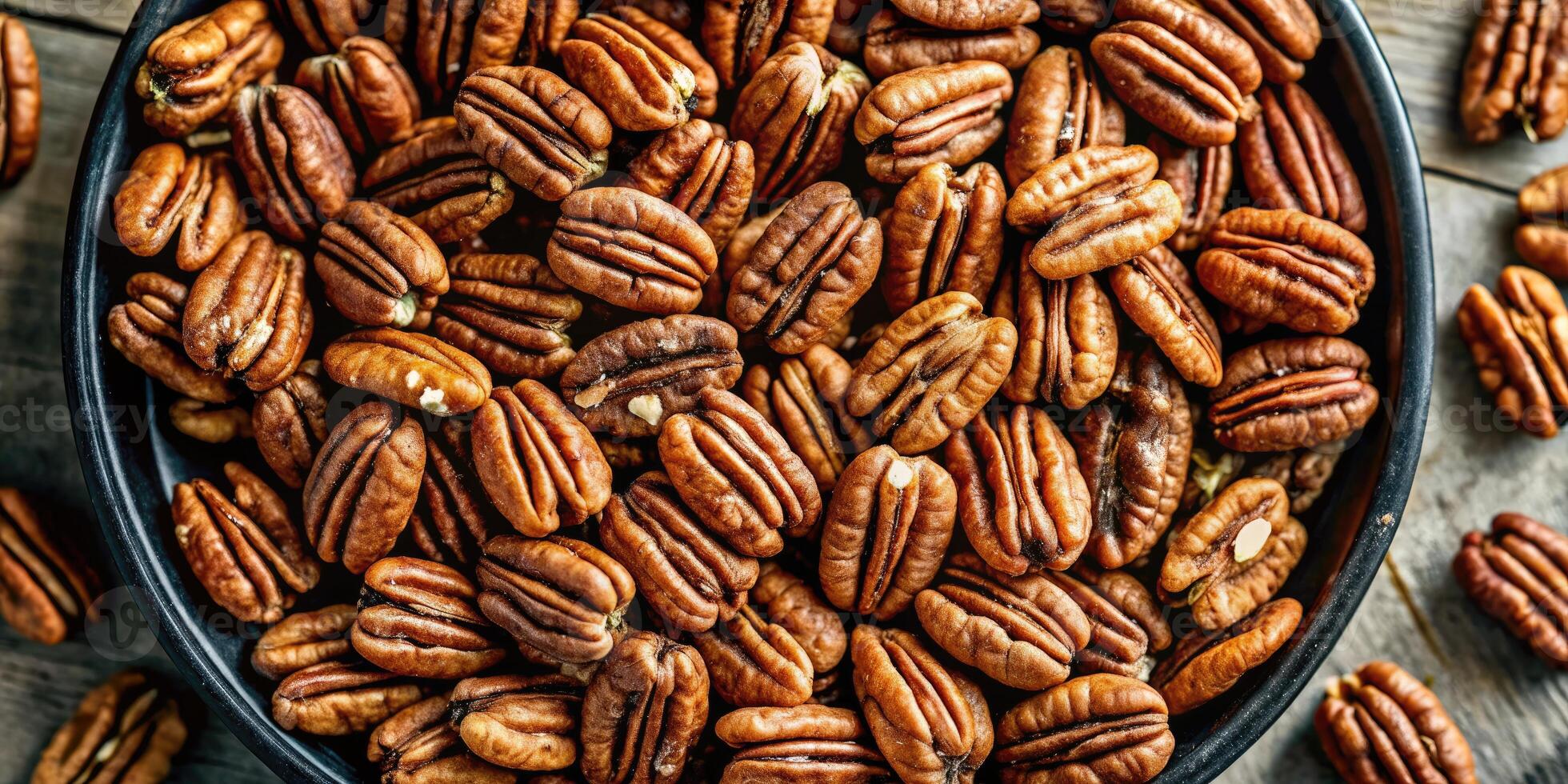Close-up of a pile of fresh pecans in a rustic setting. photo
