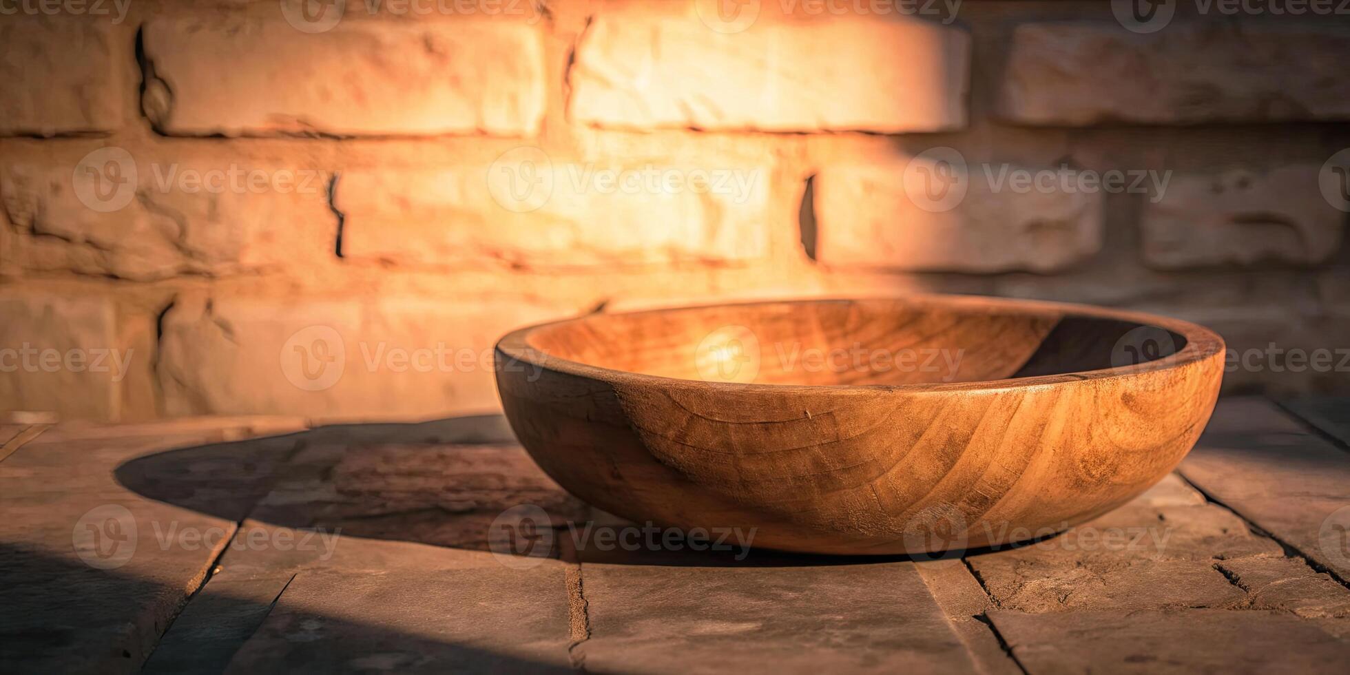 Wooden bowl on a rustic brick background with warm lighting. photo