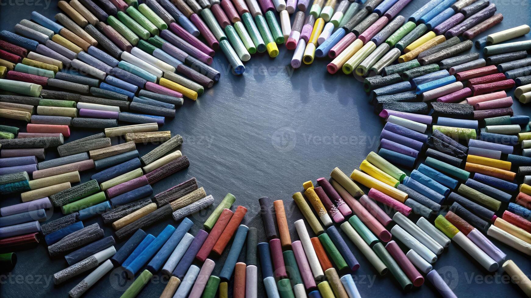 Circular arrangement of colored pencils on a dark table. photo