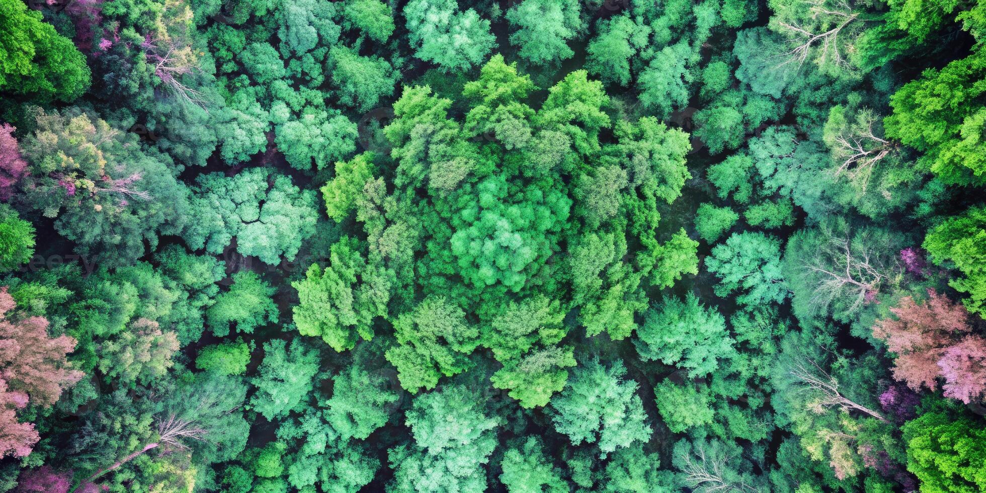 Aerial view of dense green forest forming a lush canopy. photo