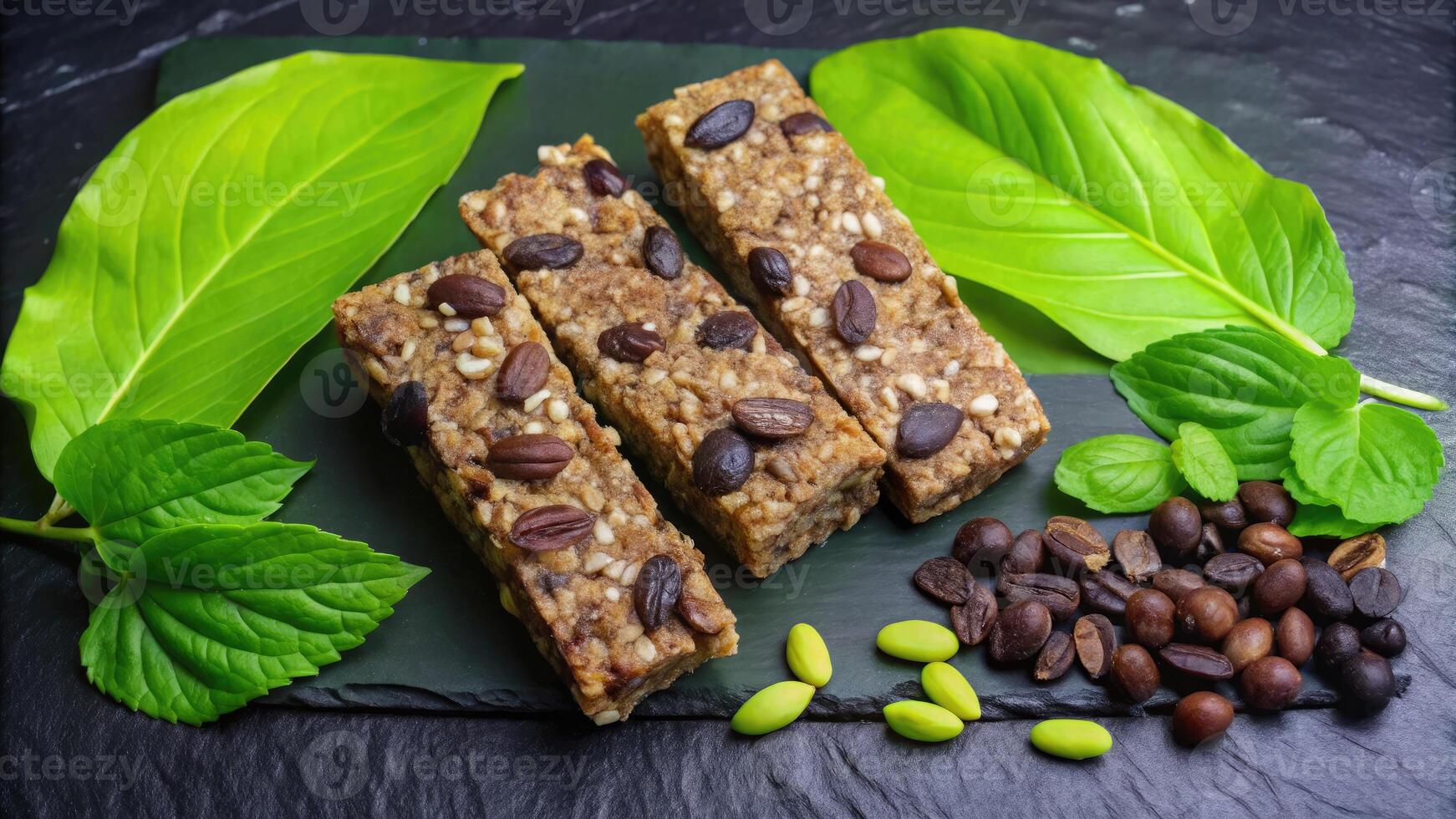 Energy bars on a slate with coffee beans. photo