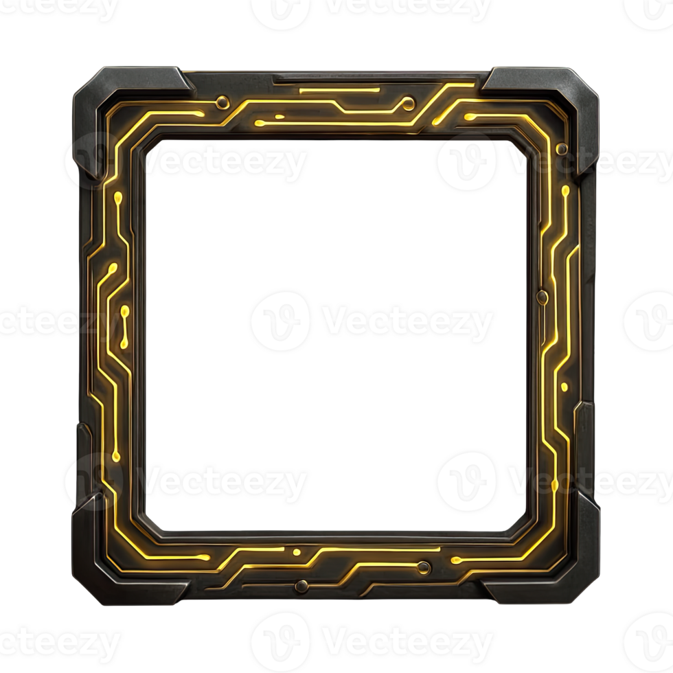 Futuristic Tech Frame with Glowing Yellow Circuit Lines Isolated on Transparent Background, png