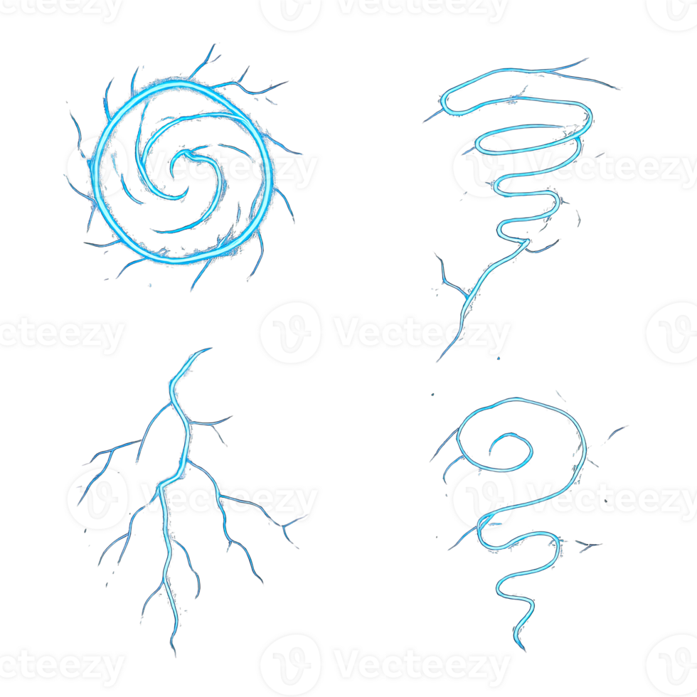 Unique spiral and zigzag lightning bolt illustrations isolated on transparent background, png