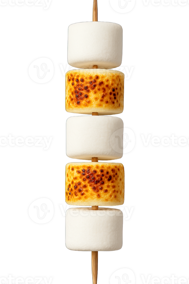 Grilled and fresh marshmallows on stick isolated on transparent background, png