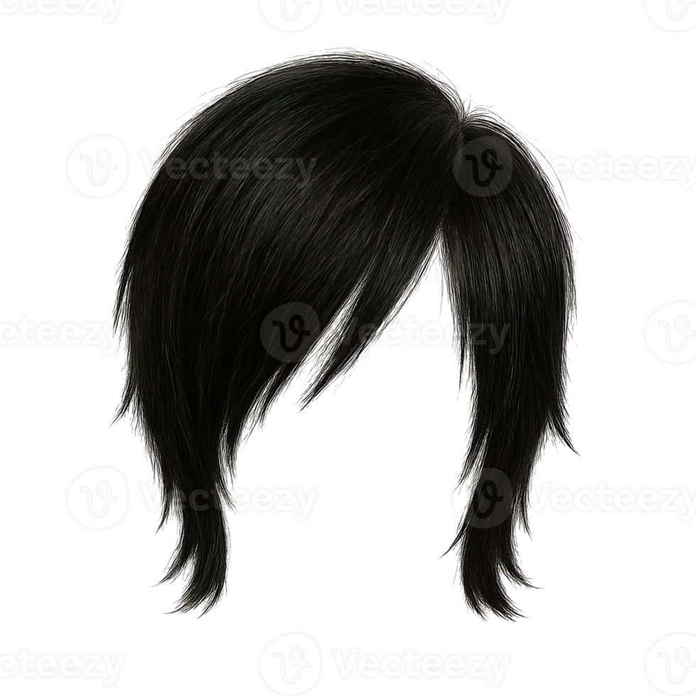 Layered black wig isolated on transparent background, png