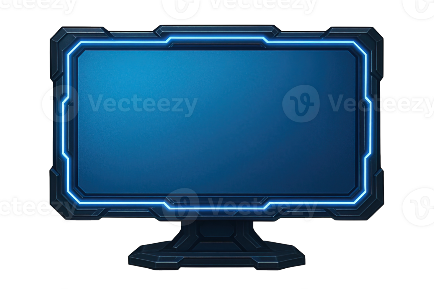 Futuristic sci-fi computer monitor with glowing blue frame isolated on transparent background, png