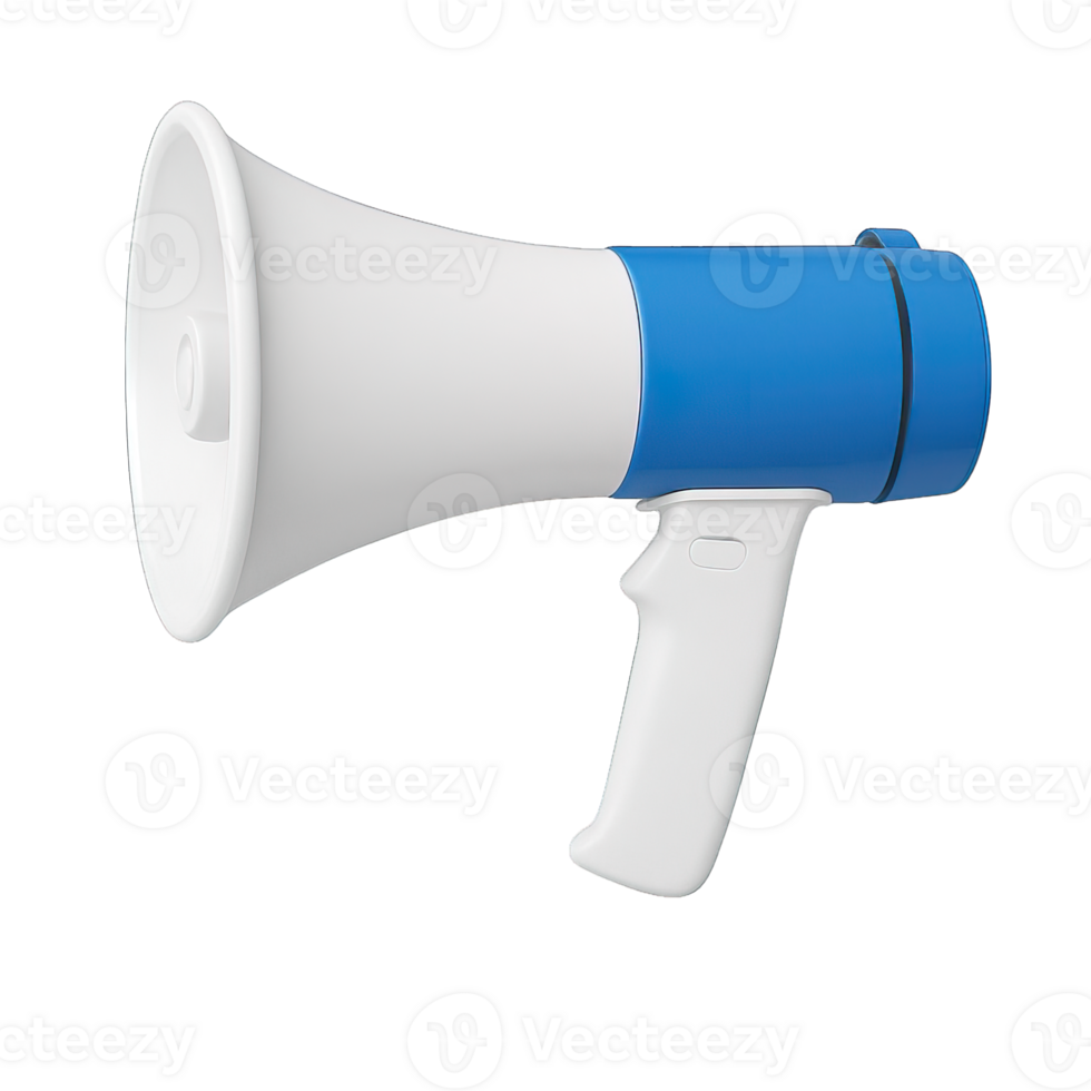 Realistic Blue and White Megaphone Flat Lay Isolated on Transparent Background, png