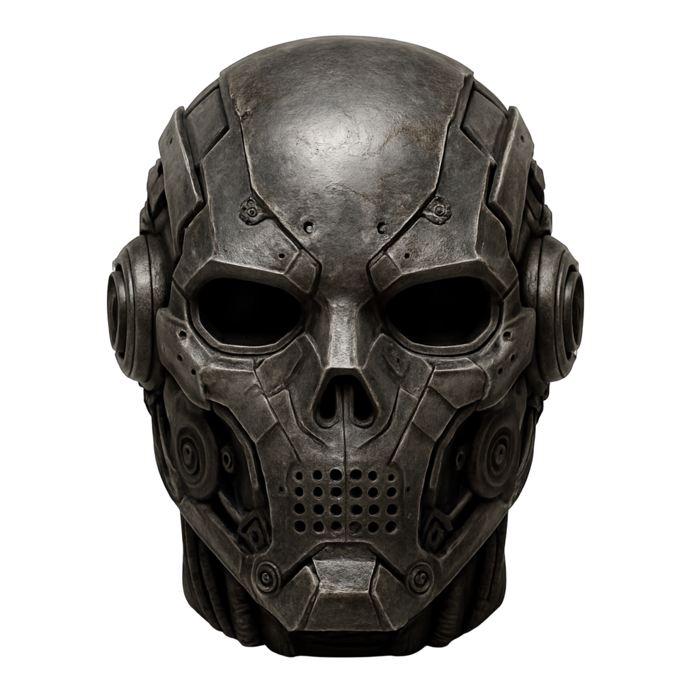 Cybernetic Robot Skull Mask with Industrial Design Isolated on Transparent Background, png