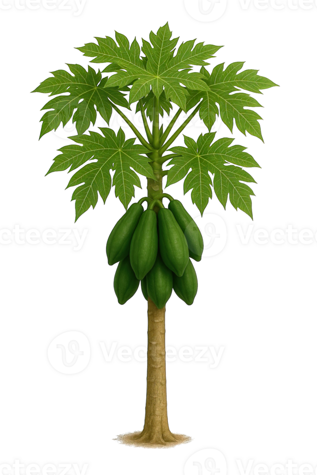 Realistic papaya tree with green fruits and wide leaves isolated on transparent background, png